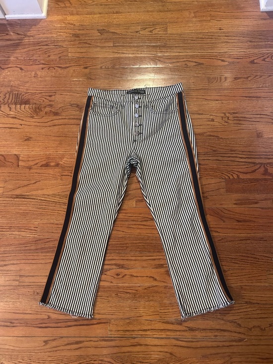 Verinica Beard Denim - Veronica Beard Black & White Striped Boot Cut Jeans with Brown Side Stripe